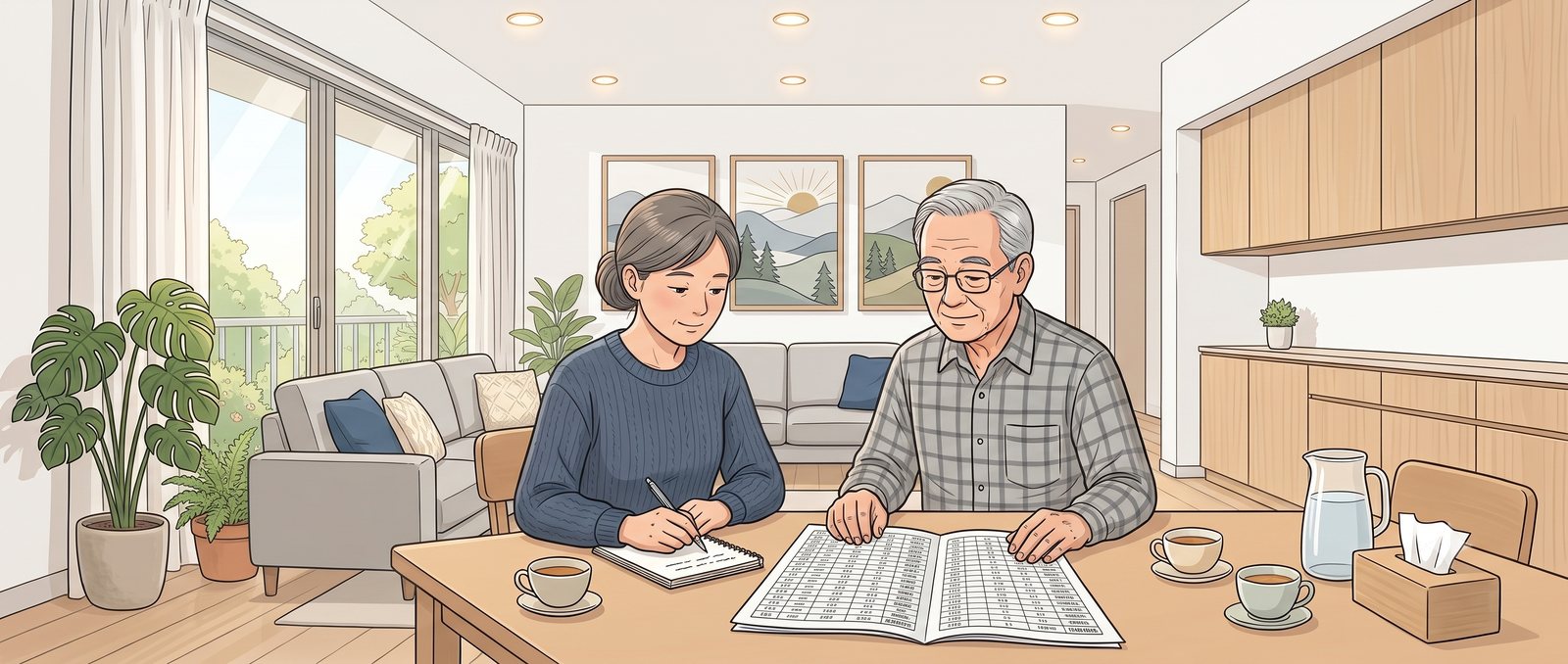 家屬與長輩在家中餐桌旁一起看檢驗報告,女兒在筆記本上做紀錄